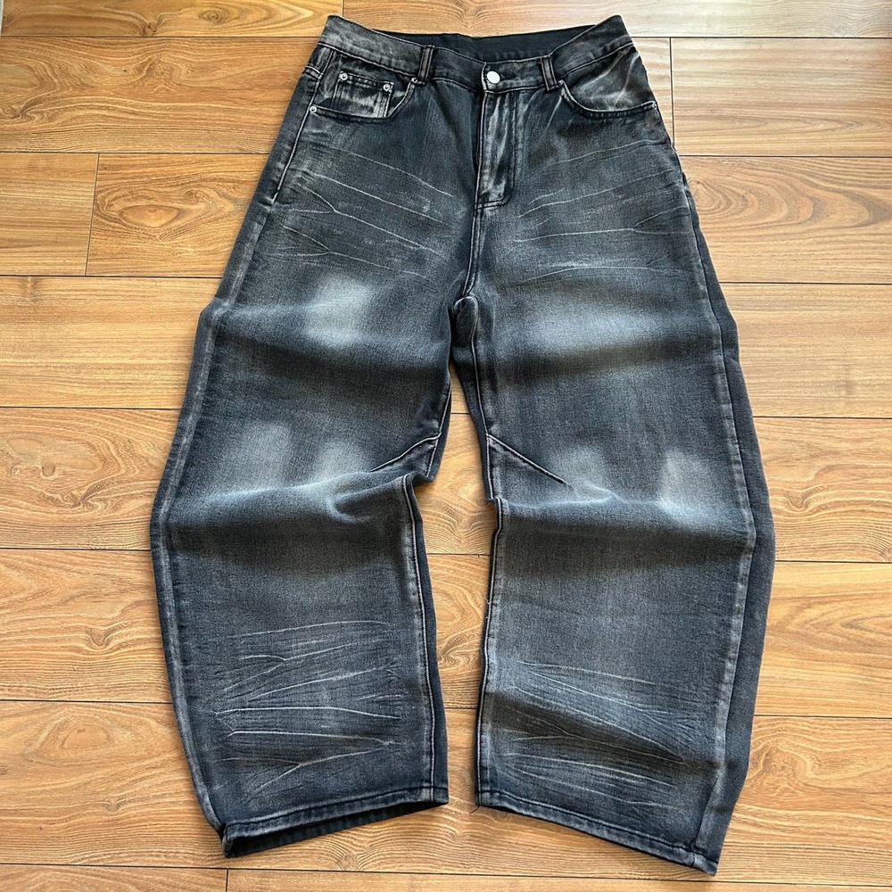 Neon Blanc Wide Leg Baggy Distressed Jeans Acid Wash Black Sz S